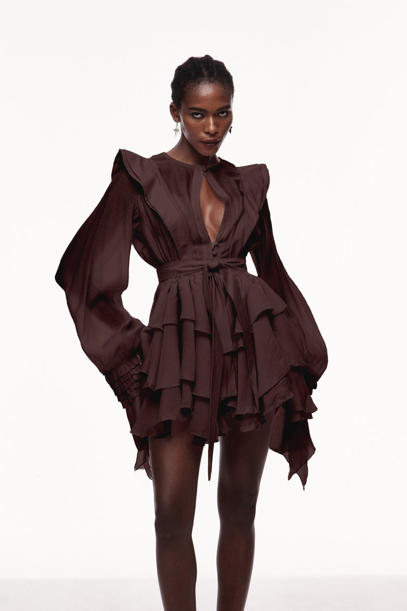 Celsus Ruffle Cutout Mini Dress in Brown