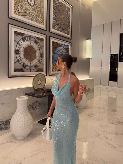 Melody | Iridescent Sequin Drape | Halter Maxi Dress