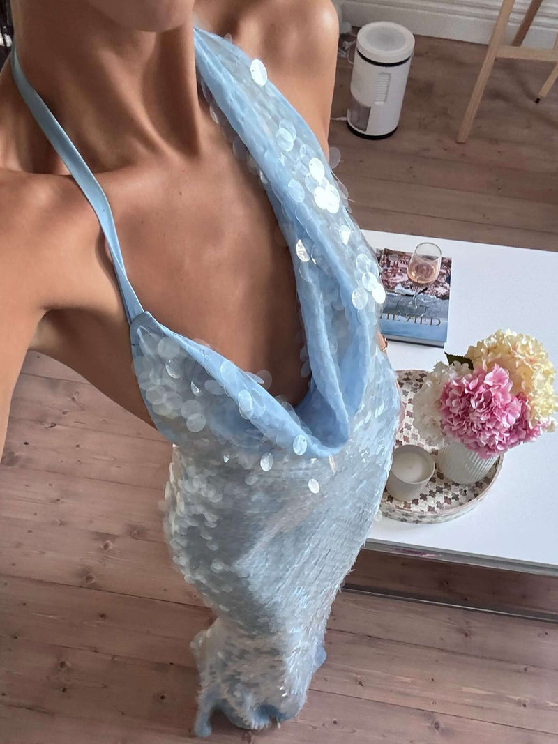Melody | Iridescent Sequin Drape | Halter Maxi Dress