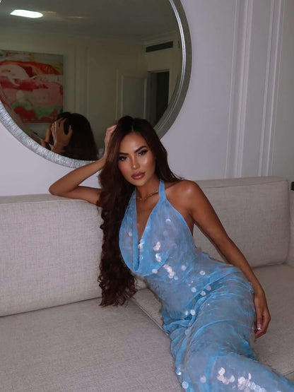 Melody | Iridescent Sequin Drape | Halter Maxi Dress