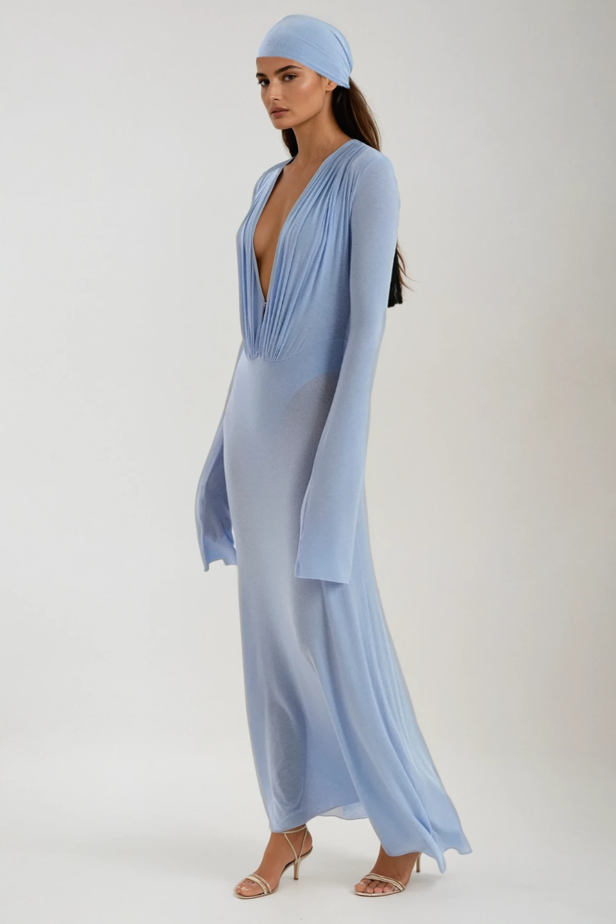 Cerys Plunge Ruch Maxi Dress in Blue