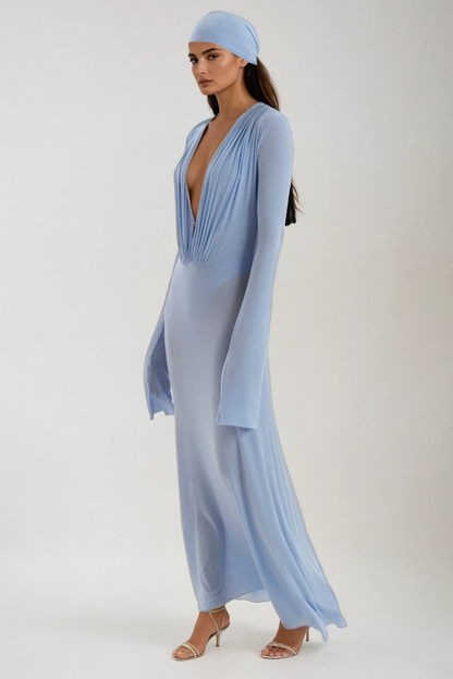 Cerys Plunge Ruch Maxi Dress in Blue