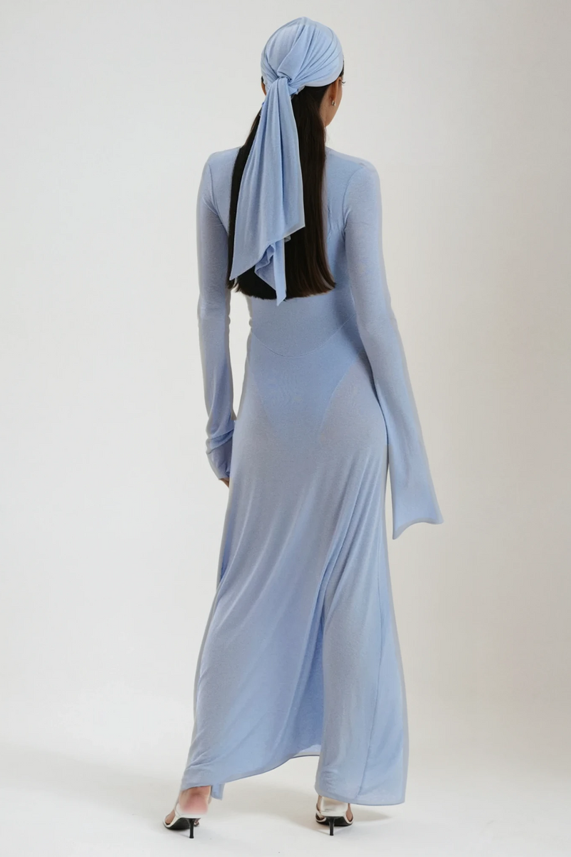 Cerys Plunge Ruch Maxi Dress in Blue