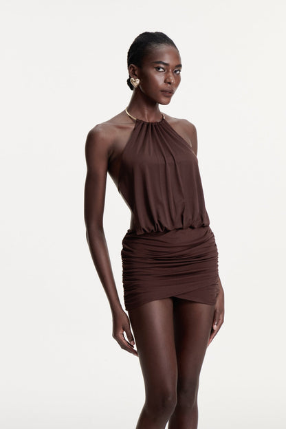 Cezara Halter Neck Backless Ruch Mini Dress