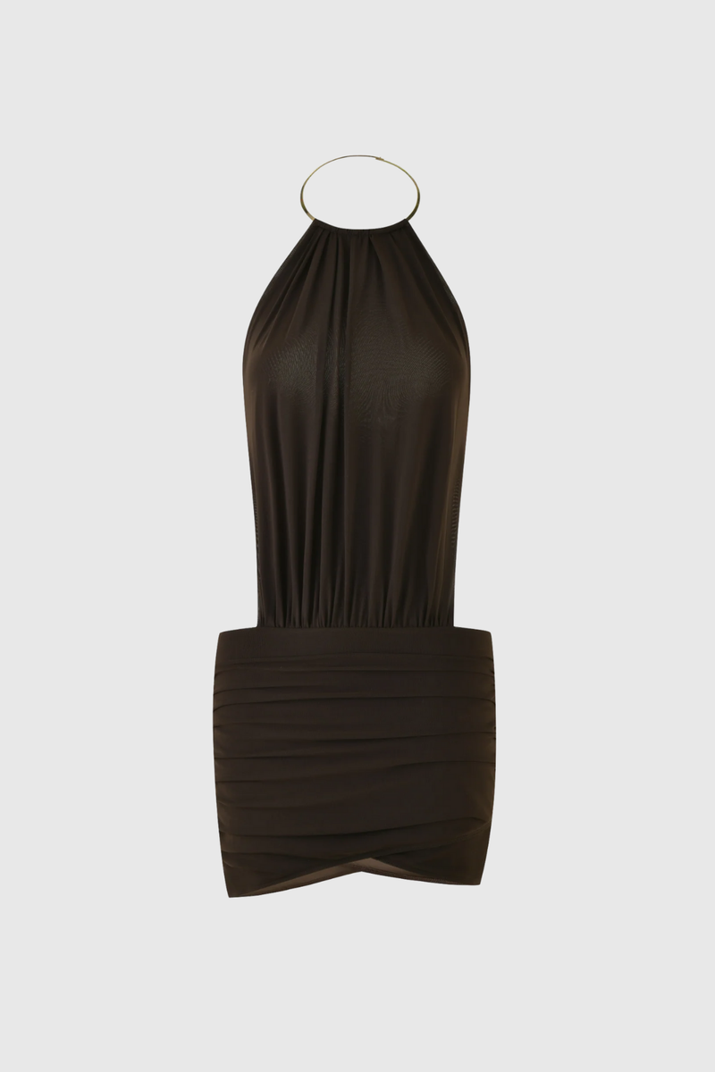 Cezara Halter Neck Backless Ruch Mini Dress