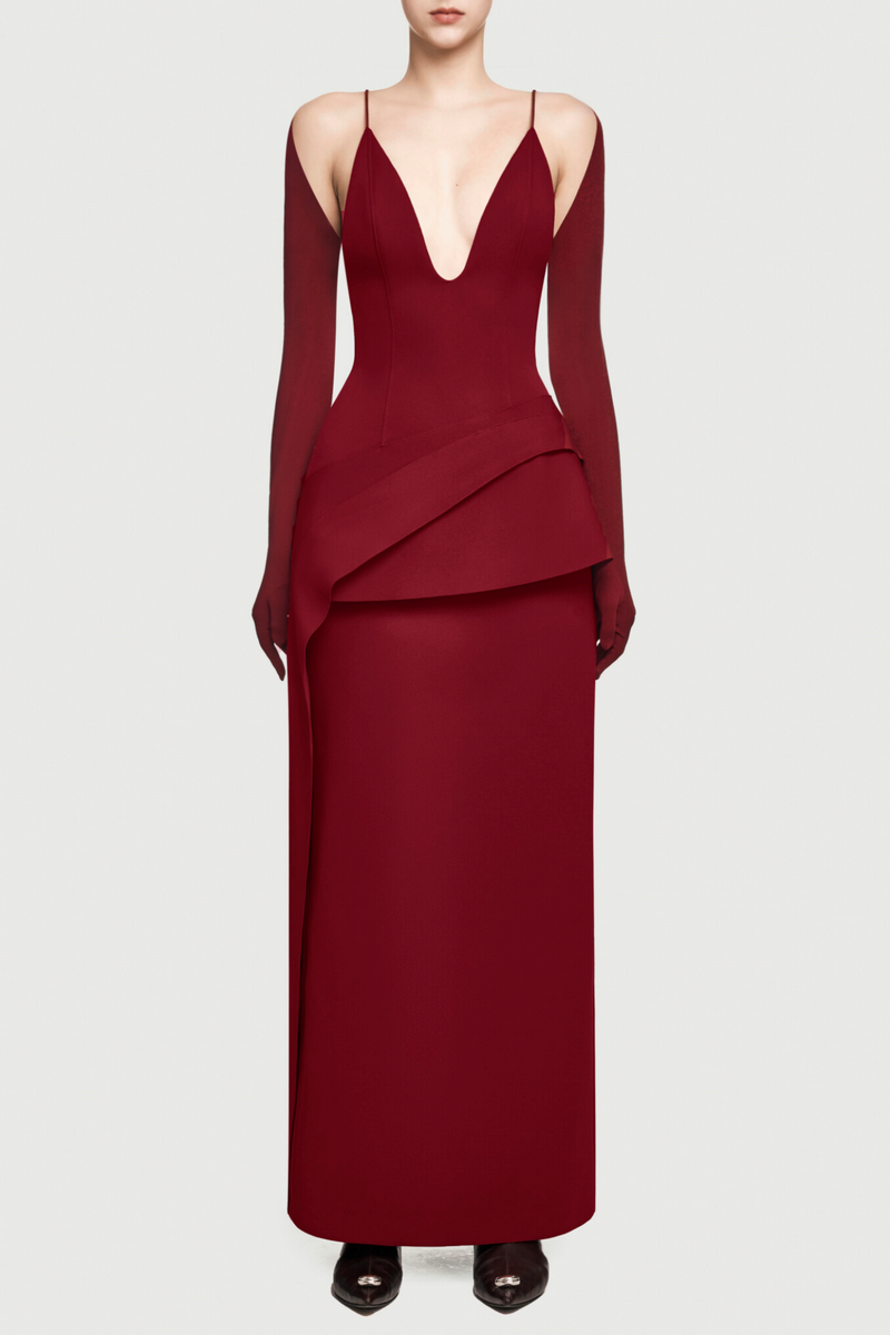 Chapera Asymmetrical Pleat Maxi Dress - Red