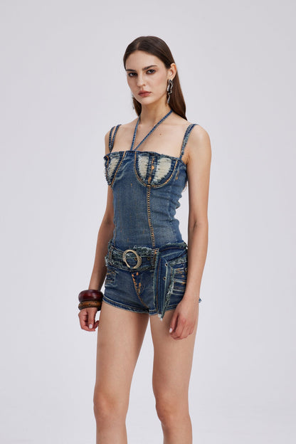 Charnette Spaghetti Bodycon Denim Jumpsuit