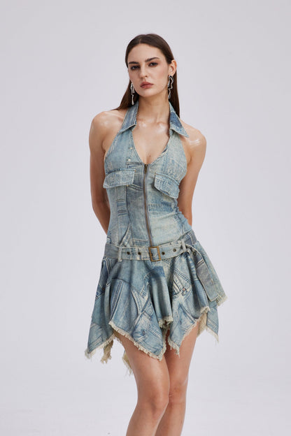 Chava Halter Neck Print Fringe Mini Dress