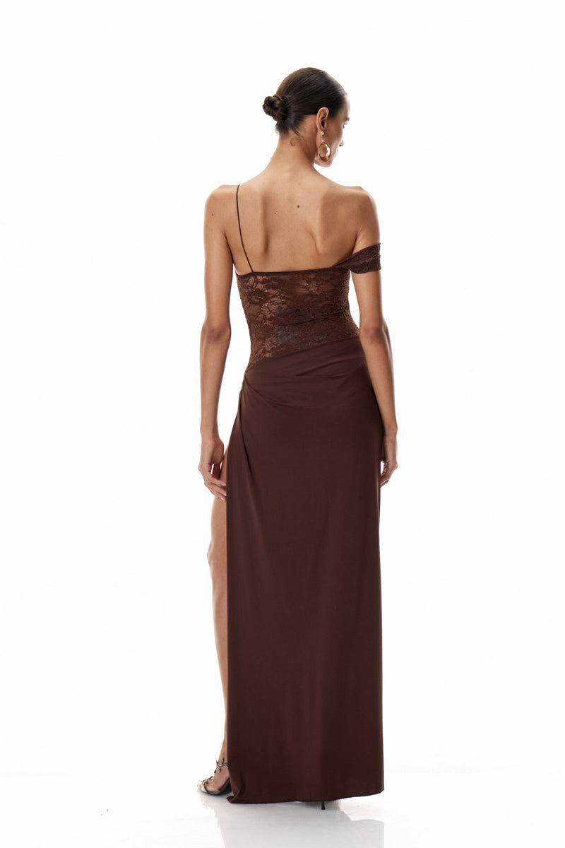 Chenda Lace Asymmetric Maxi Dress
