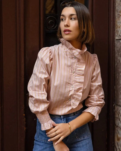Pink Stripe Stand Collar Ruffled Blouse
