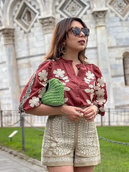 Printed O Neck Short Sleeve Loose Blouse