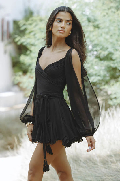 Chiffon Dress With Bishop Sleeves and Ruffled Skirt