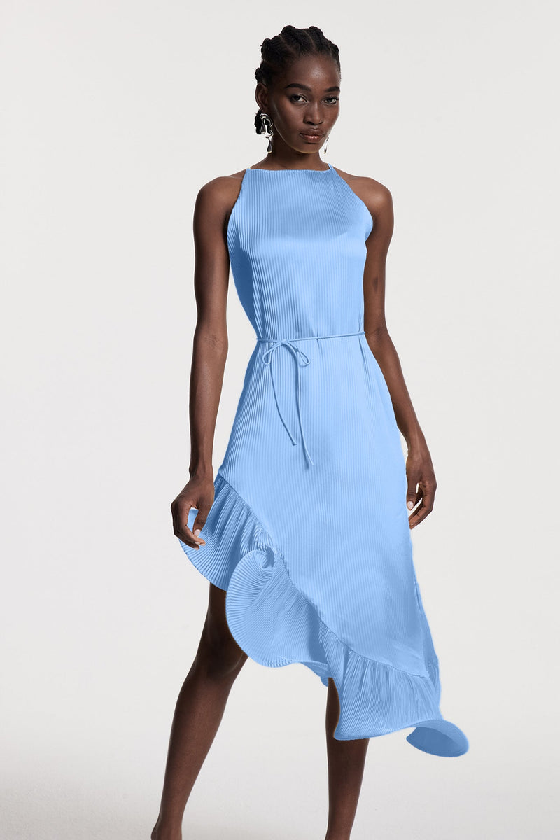 Chizuko Ruffle Sleeveless Midi Dress in Blue