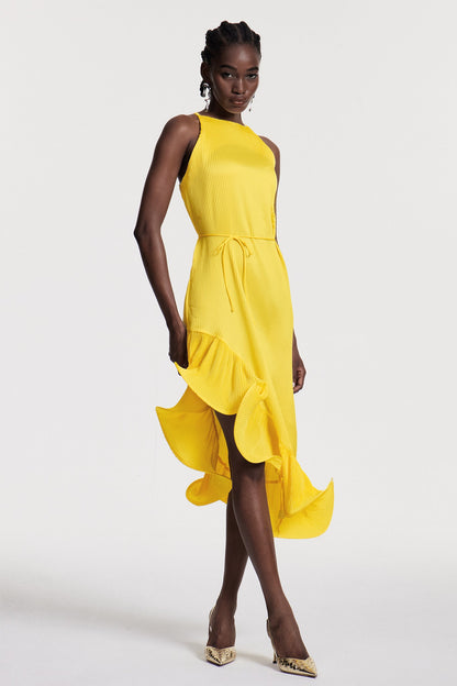 Chizuko Ruffle Sleeveless Midi Dress in Yellow