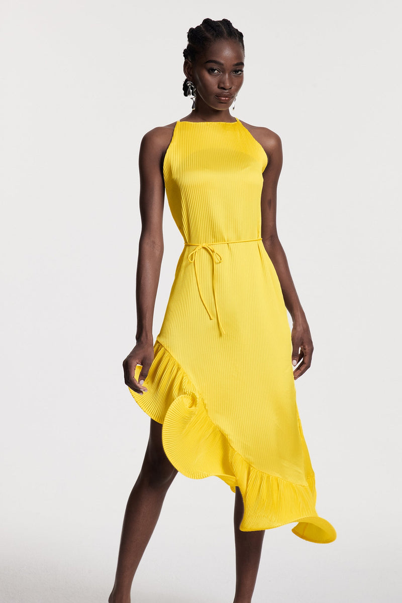 Chizuko Ruffle Sleeveless Midi Dress in Yellow