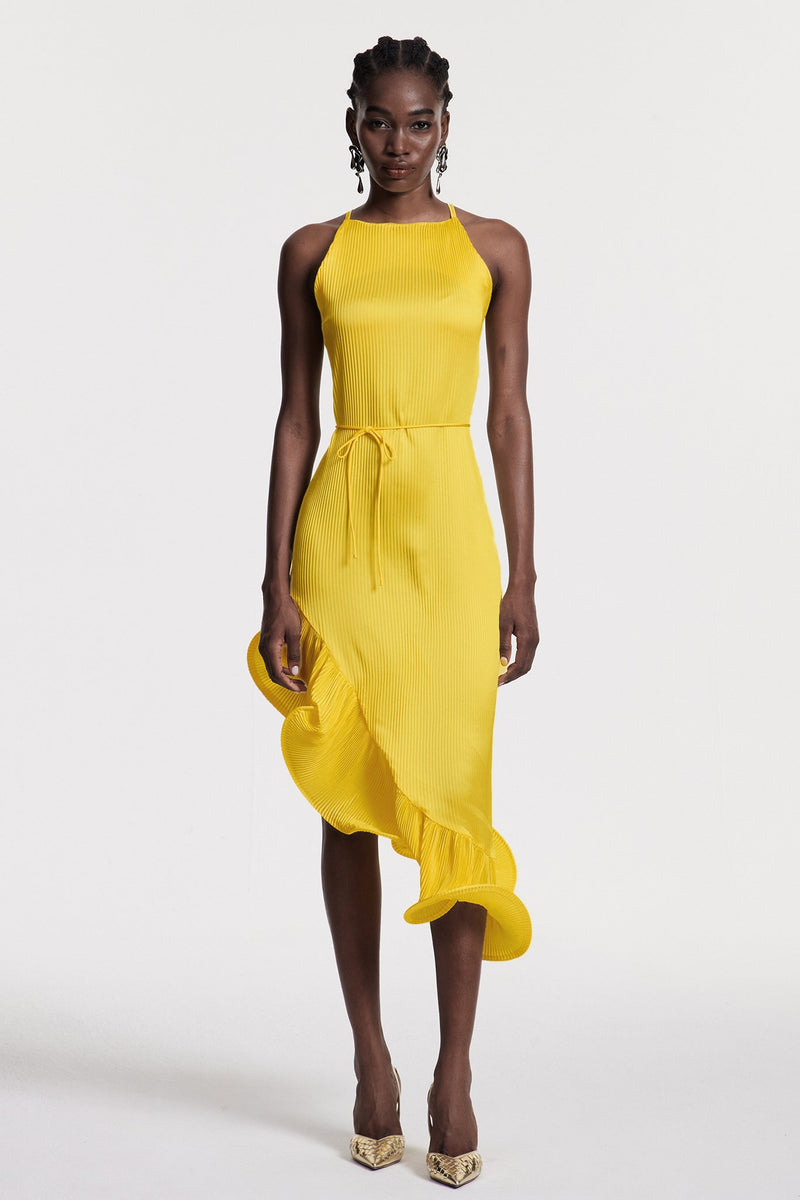 Chizuko Ruffle Sleeveless Midi Dress in Yellow