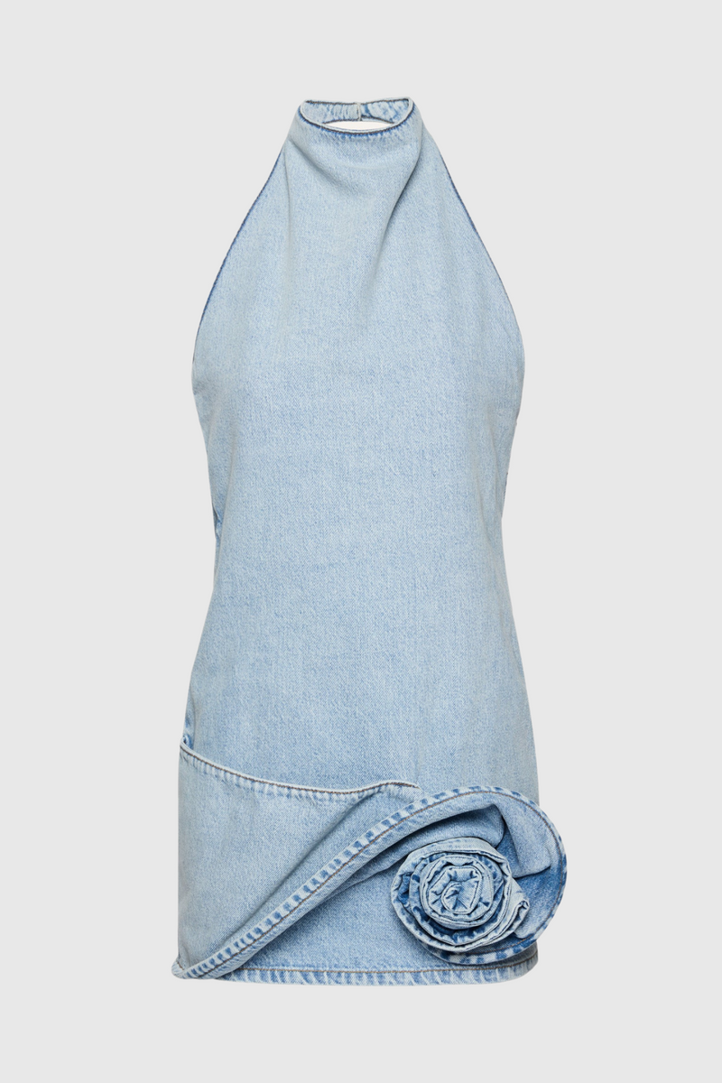 Christell Appliqué Halter Denim Mini Dress
