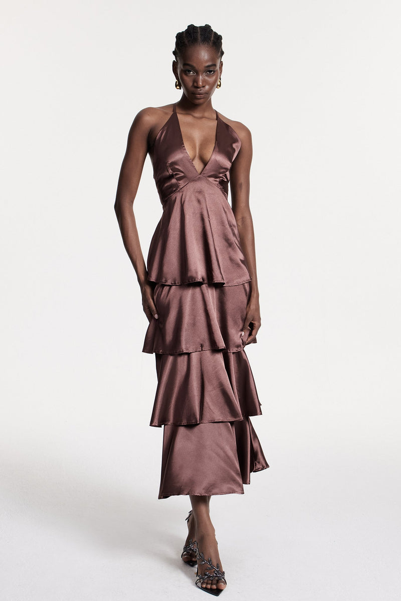 Christianus Plunge Ruffle Backless Maxi Dress