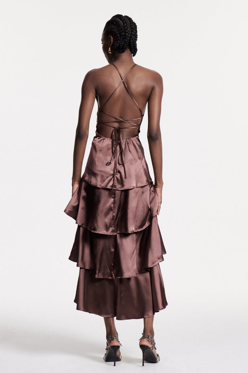 Christianus Plunge Ruffle Backless Maxi Dress
