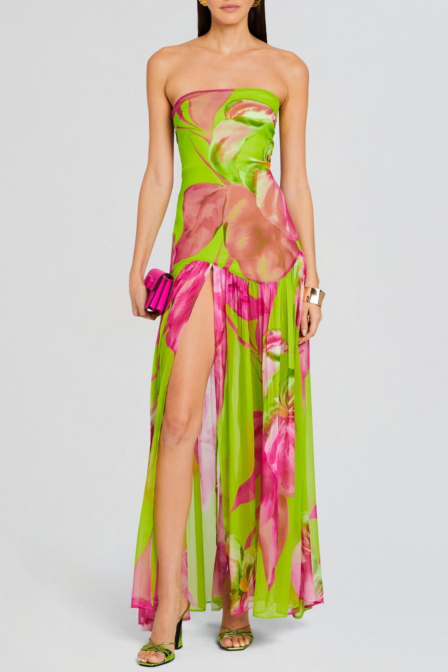 Shmaka Print Strapless Slit Maxi Dress - Green