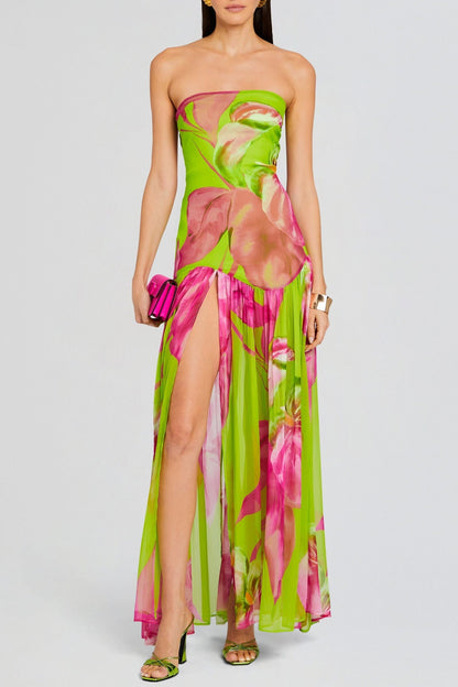 Shmaka Print Strapless Slit Maxi Dress - Green