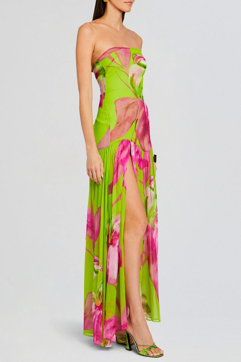 Shmaka Print Strapless Slit Maxi Dress - Green