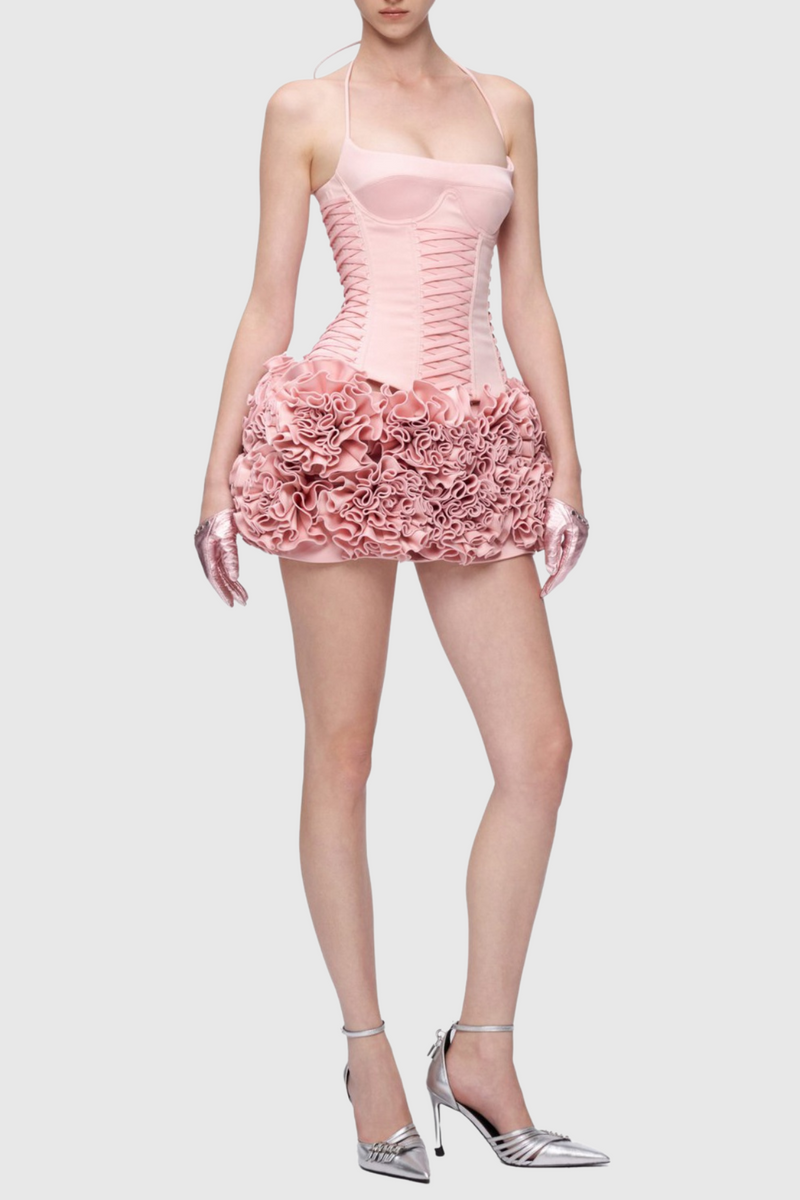 Cindia Lace Up Corset Two Piece Set - Pink