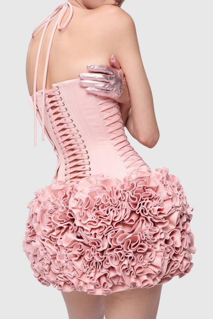 Cindia Lace Up Corset Two Piece Set - Pink