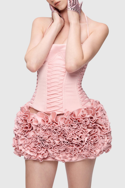 Cindia Lace Up Corset Two Piece Set - Pink