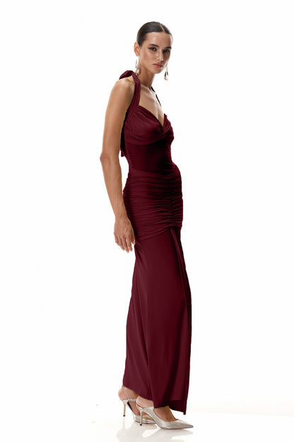 Cistimiru Halter Neck Tie Up Maxi Dress in Red