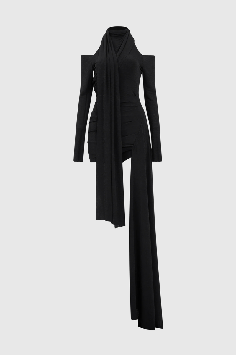 Clarisse Asymmetric Shawl Cutout Mini Dress