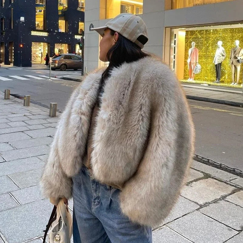 Fur Warm Furry Long Sleeve Loose V-neck Autumn Coat