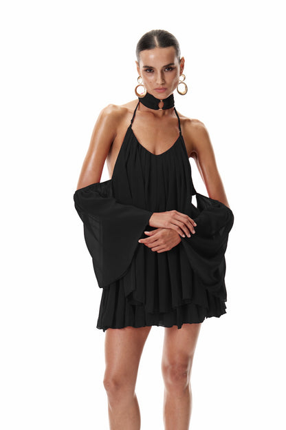 Cleto Off Shoulder Ruch Mini Dress in Black