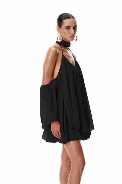 Cleto Off Shoulder Ruch Mini Dress in Black