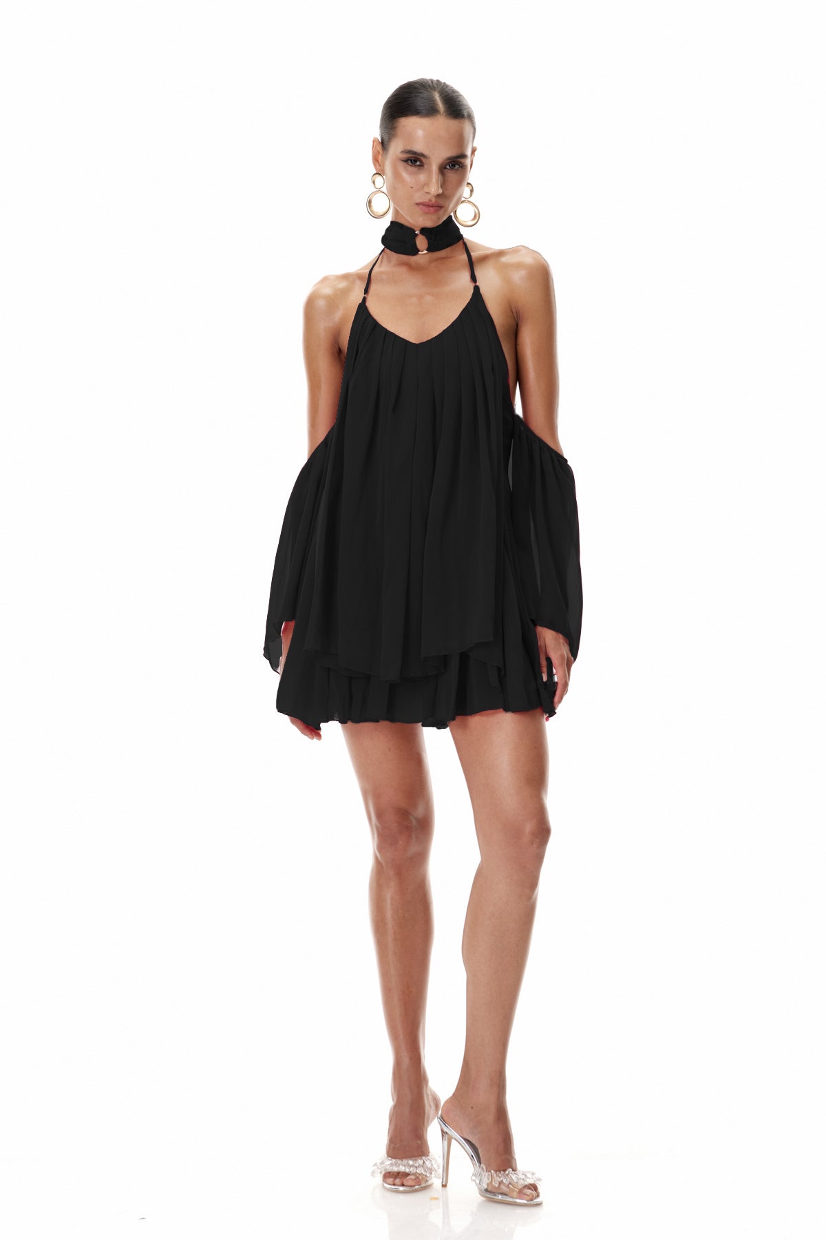 Cleto Off Shoulder Ruch Mini Dress in Black