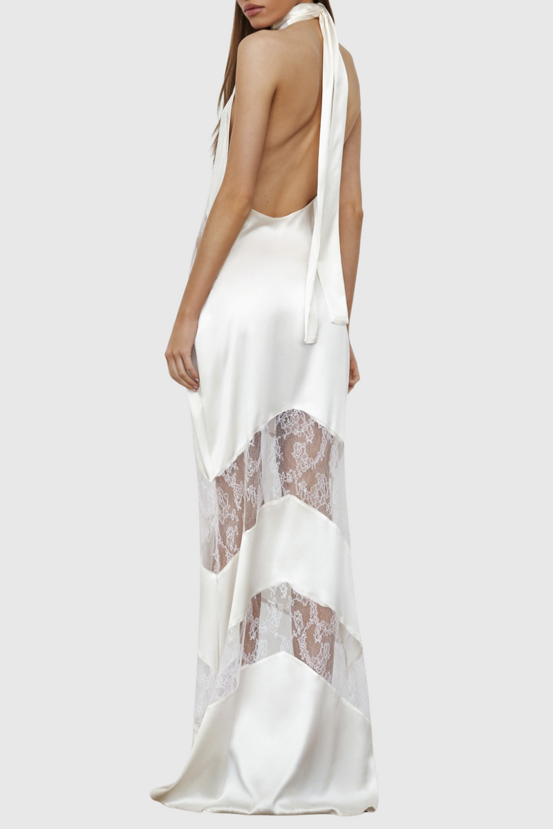 Clora Satin Halter Lace Maxi Dress - White