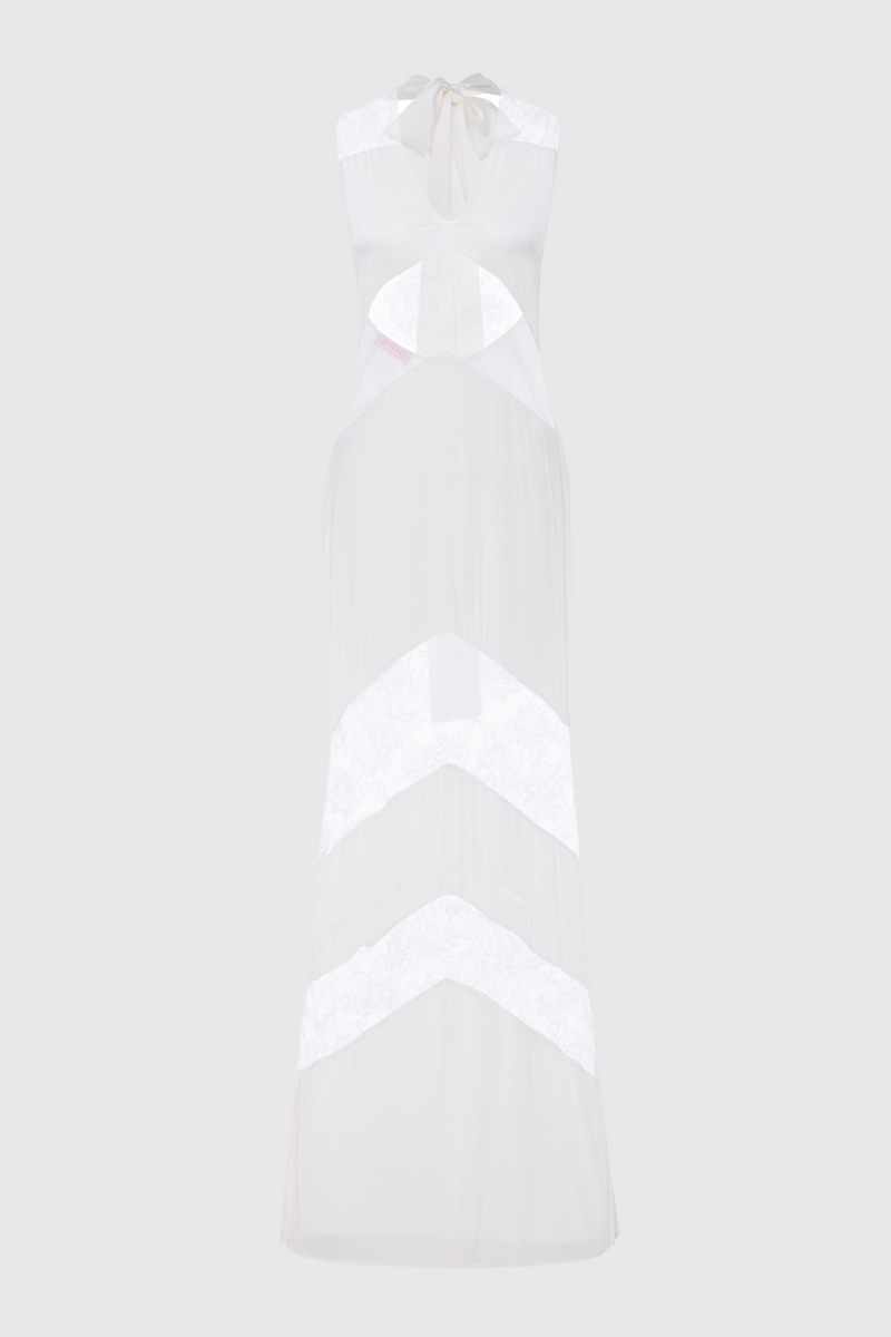 Clora Satin Halter Lace Maxi Dress - White
