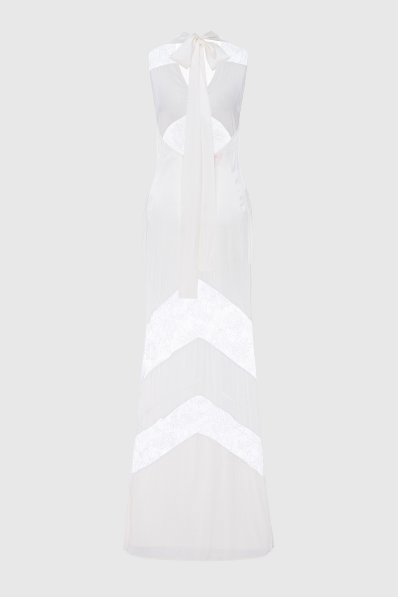 Clora Satin Halter Lace Maxi Dress - White