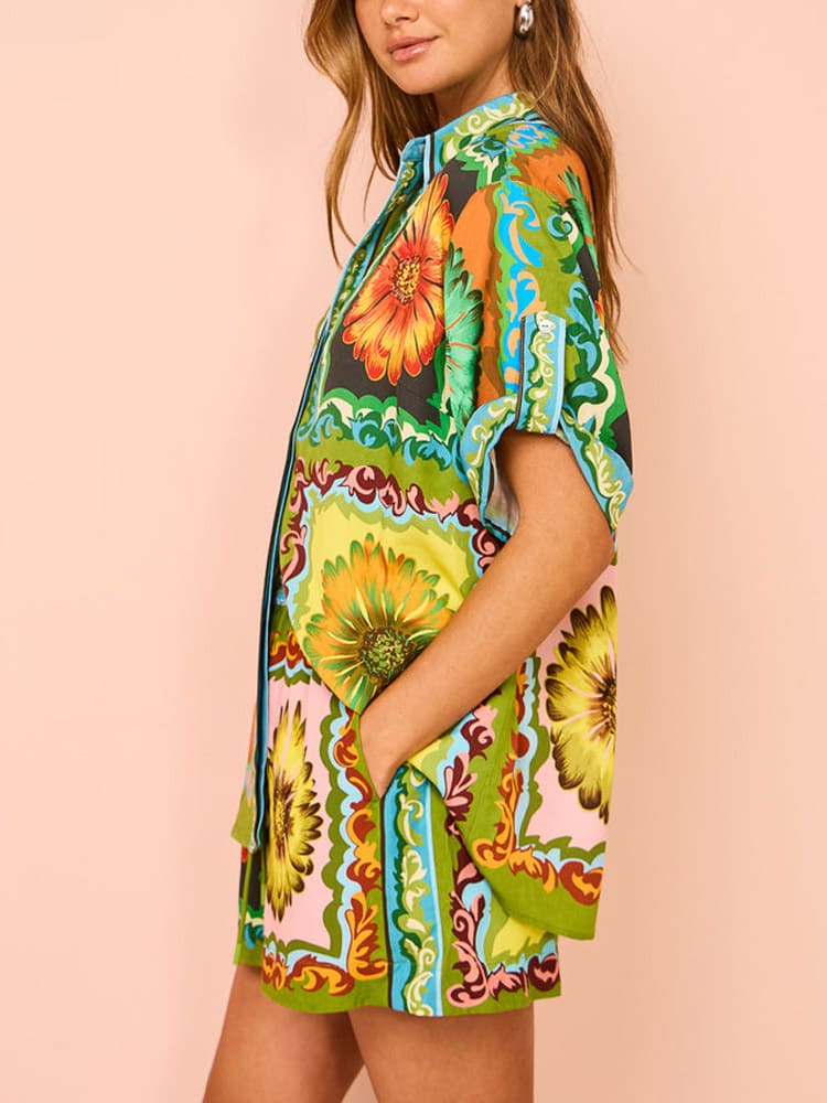 Special Sunflower Print Elastic Waist Shorts-set