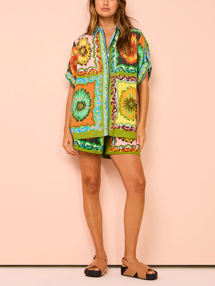 Special Sunflower Print Elastic Waist Shorts-set