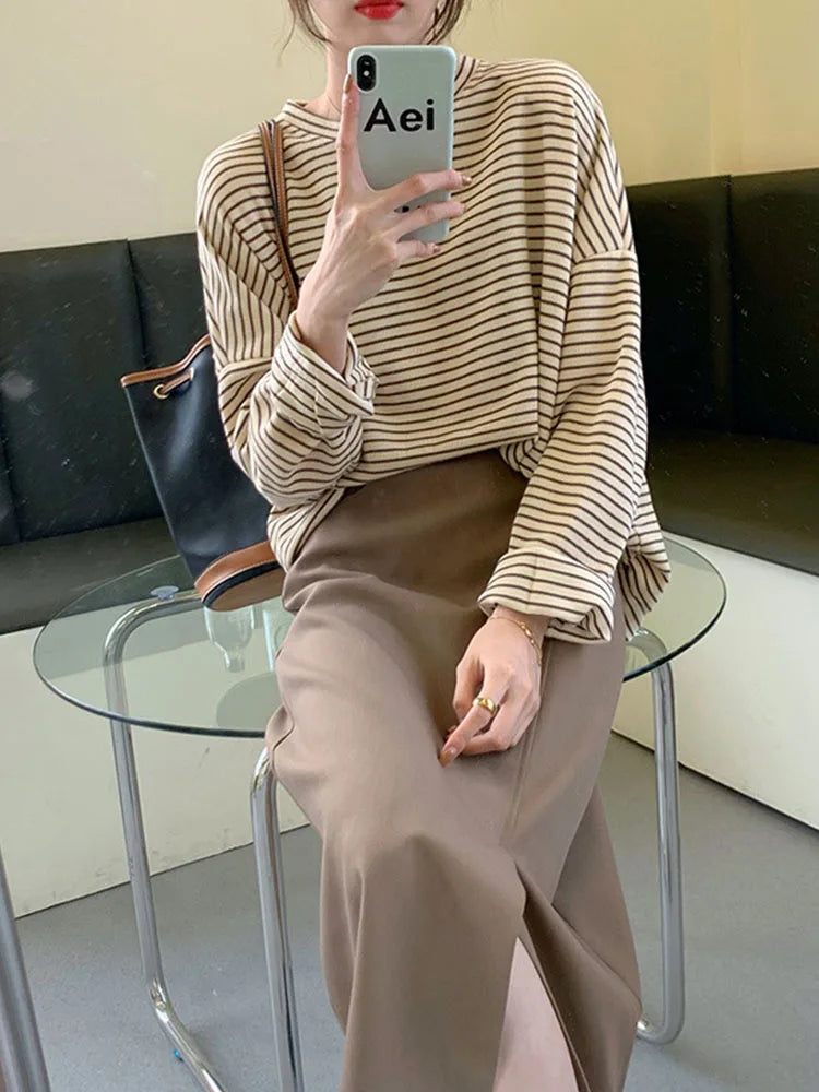 Coffee Stripes Cotton T-shirts Loose-fitting Autumn Lady Full Sleeve All Match Tops