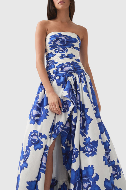 Coleka Print Strapless Ruched Maxi Dress - Blue