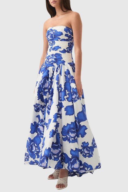 Coleka Print Strapless Ruched Maxi Dress - Blue
