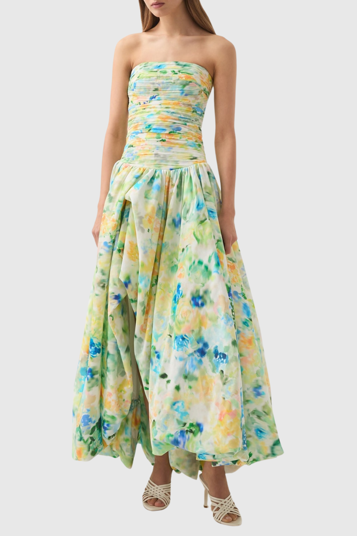 Coleka Print Strapless Ruched Maxi Dress - Green