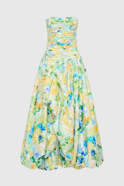 Coleka Print Strapless Ruched Maxi Dress - Green