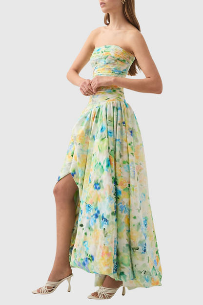 Coleka Print Strapless Ruched Maxi Dress - Green