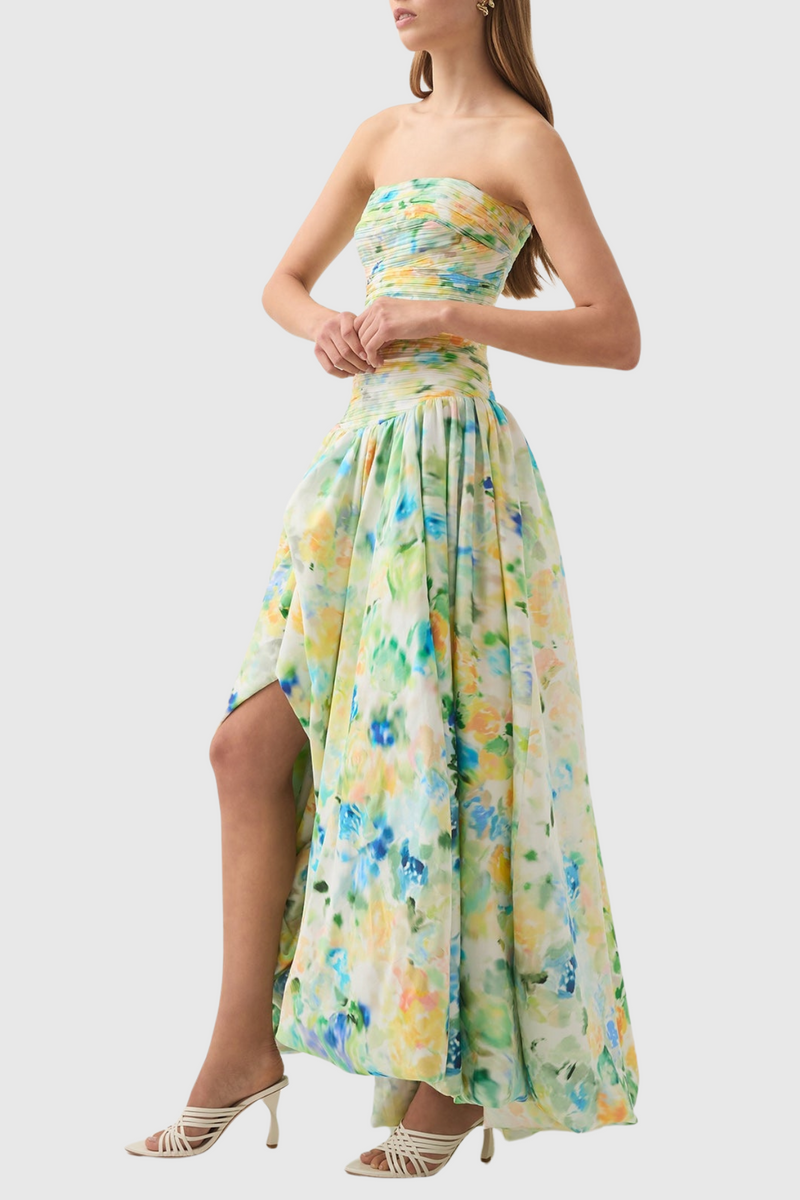 Coleka Print Strapless Ruched Maxi Dress - Green