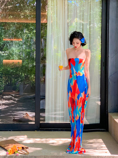 Colorful Strapless Ruched Maxi Dress _ Summer Statement Piece