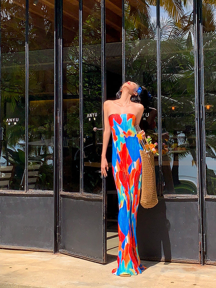 Colorful Strapless Ruched Maxi Dress _ Summer Statement Piece