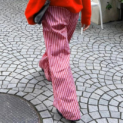 Retro Striped Button High Waist Straight Pant